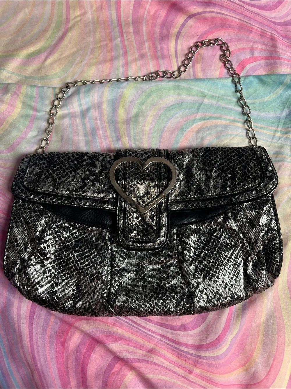 Betsey Johnson Black Metallic Snake-Print Shoulder Bag with Heart Accent